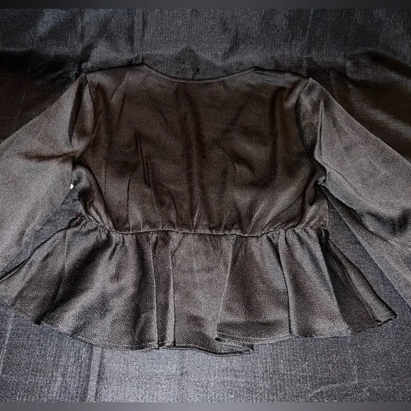 All in Favor Tie Front Satin Peplum Top in Black - Picture 9 of 10